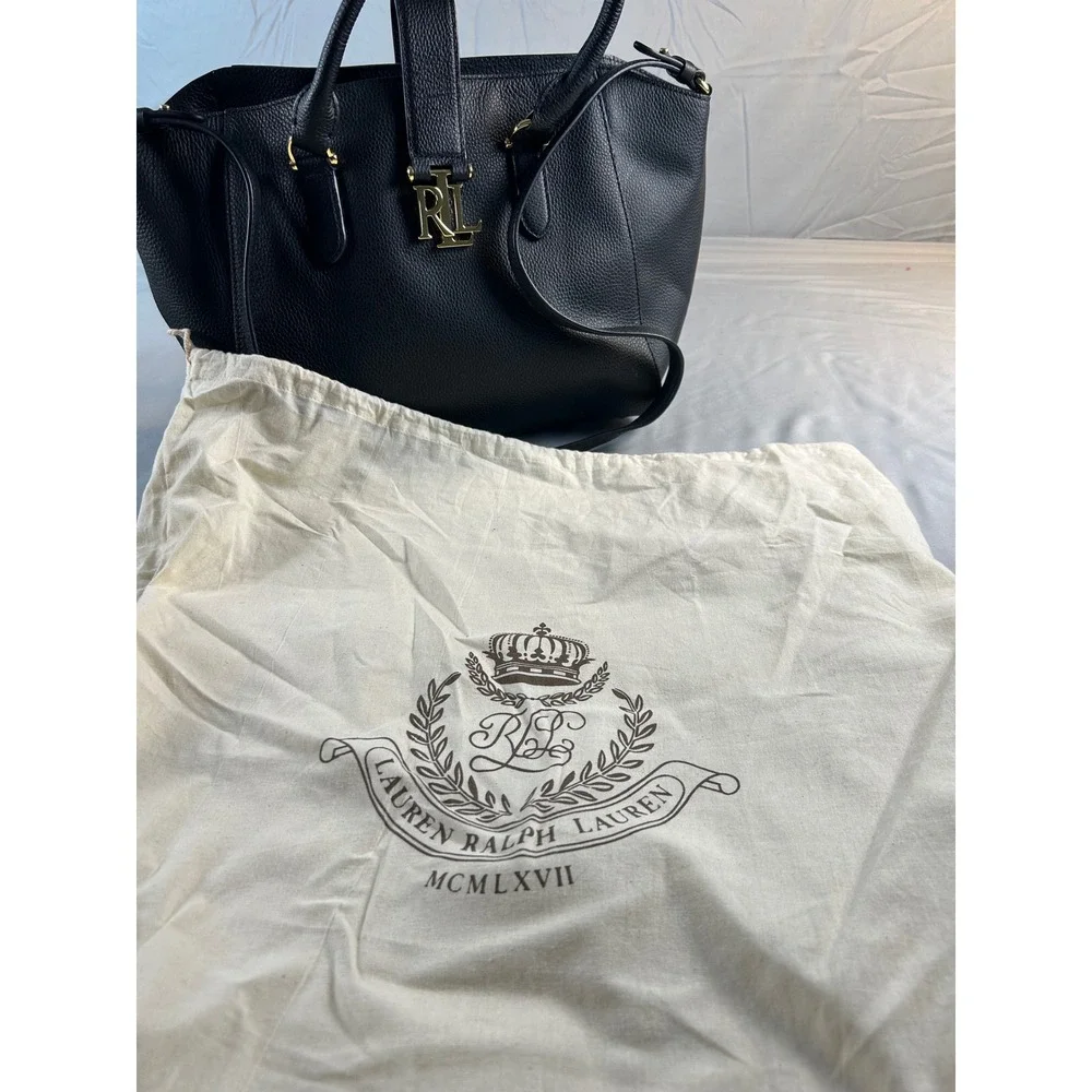 Lauren Ralph Lauren Marcy Black Pebbled Leather Satchel Bag Gold RL Logo Handbag